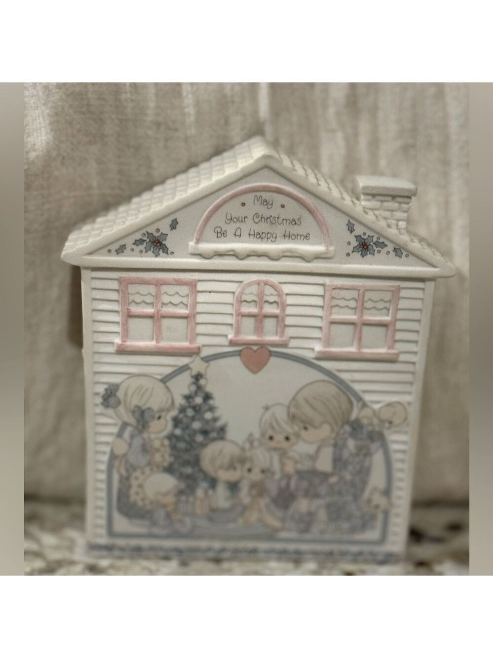 Vintage Enesco Precious Moments Home for the Holidays Ceramic House Musicbox